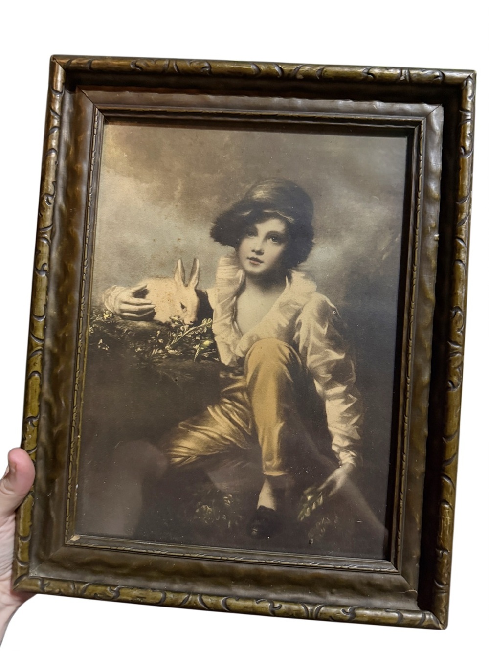 vintage framed print of Boy and Rabbit, originally painted by Scottish artist